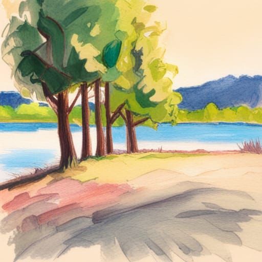 Colorful Lake Trees in Fantasy Pencil Sketch Style
