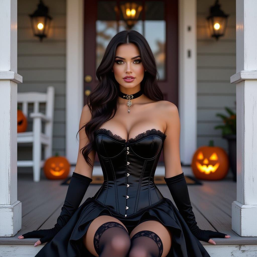 Woman in Halloween Corset on Haunted House Porch