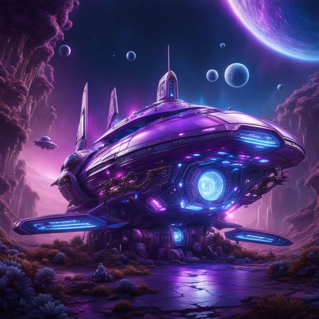 Sparkling Purple Spaceship Repaired by Robots