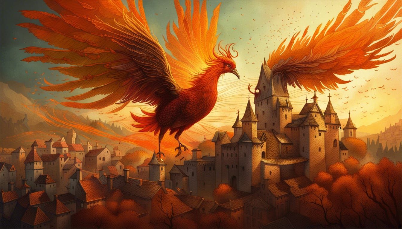 Fiery Phoenix Over Medieval Castle, Digital Art