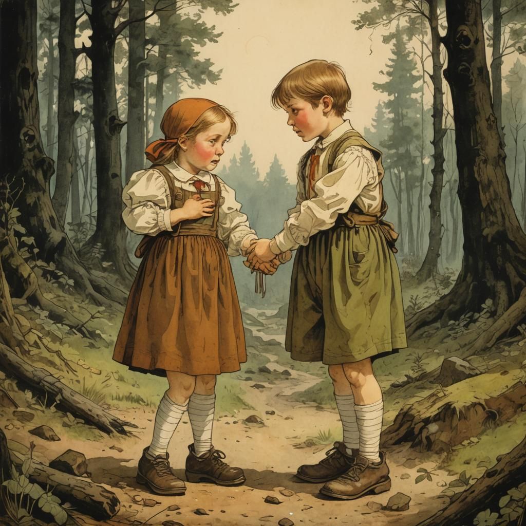 Hansel and Gretel Lost in Dark Forest