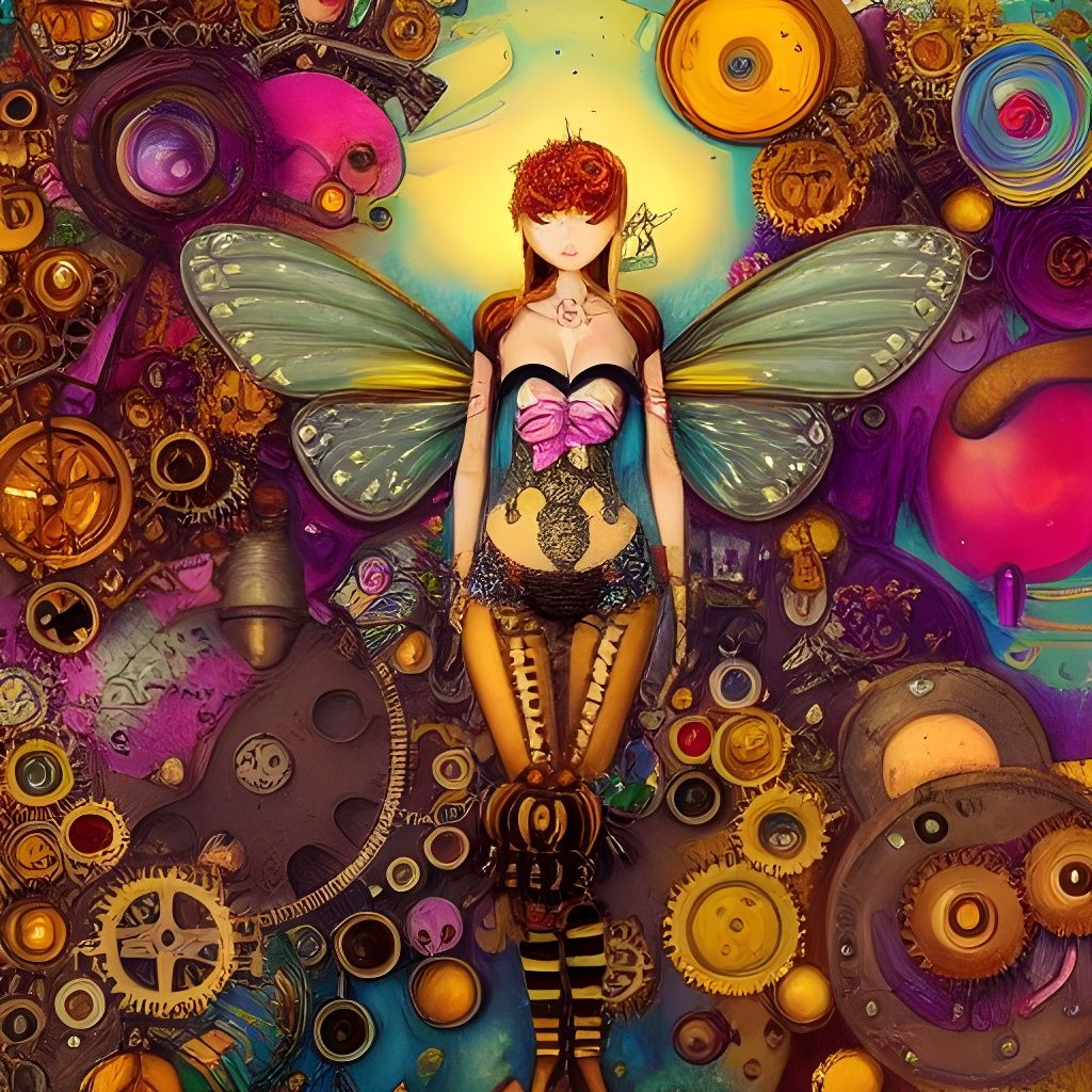 Steampunk Bee Goddess in Mixed Media Style