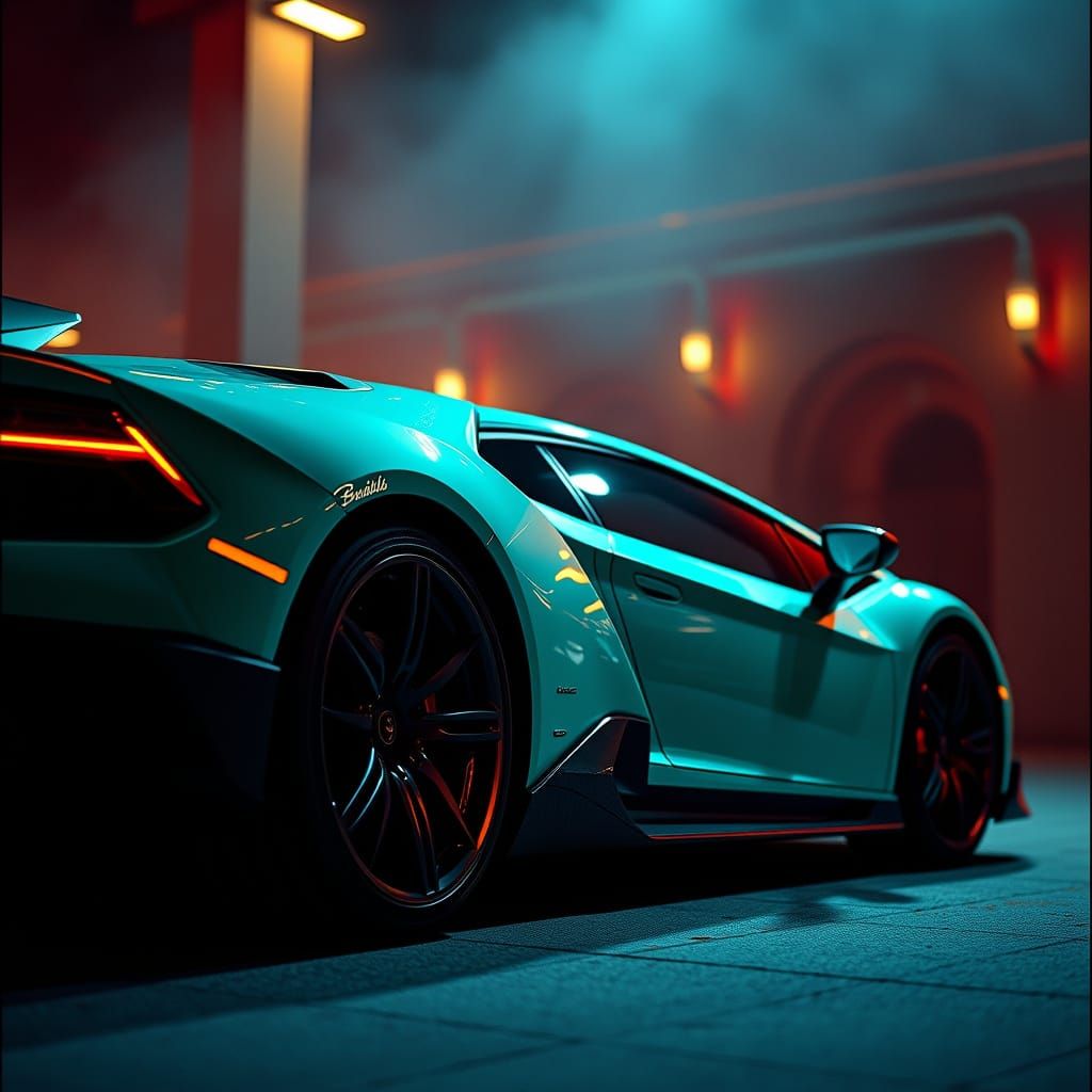 Neon Teal Lamborghini Cinematic Film Still
