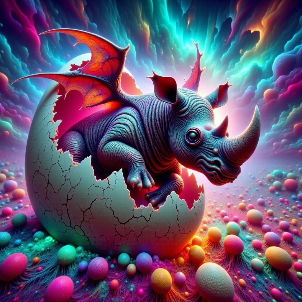 Surreal Rhino Hatchlings Unfold in a Dreamlike Landscape