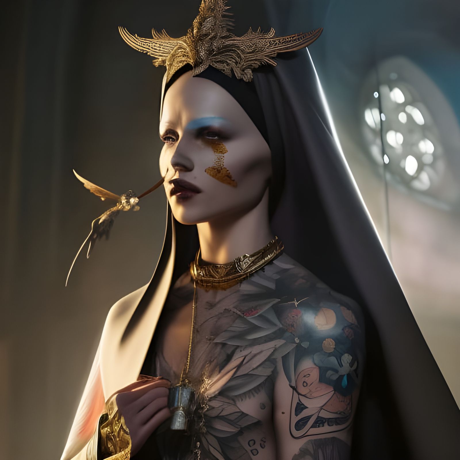 Tattooed Nun in Church, Neoclassical Digital Art
