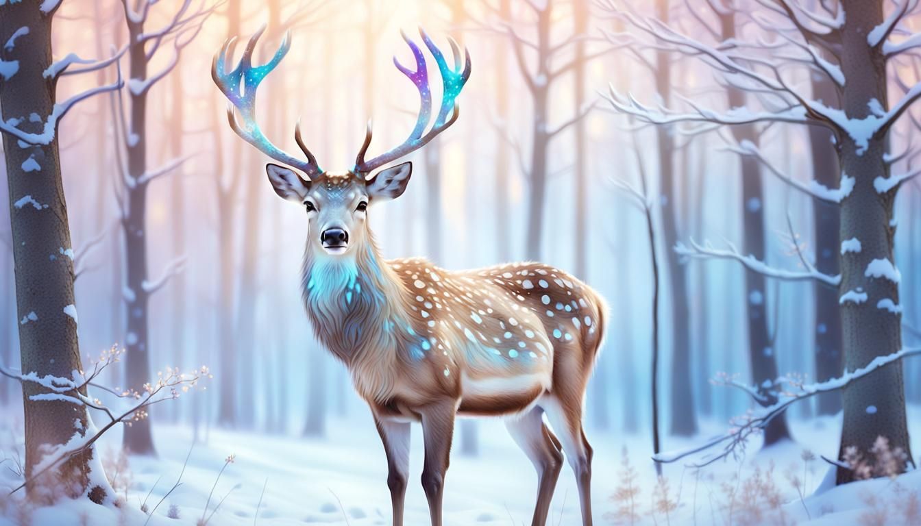 Enchanting Deer with Blue Spots in Winter Forest