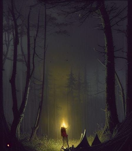 Black Wolf in Forest by Campfire