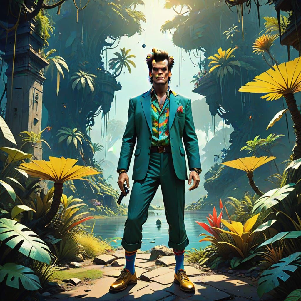 Heroic Ace Ventura in Vibrant Jungle with Glowing Portal