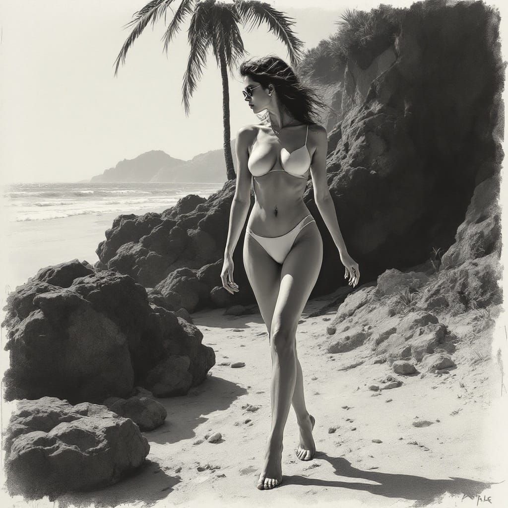 Elegant Woman on Beach in Expressive Charcoal Sketch Style