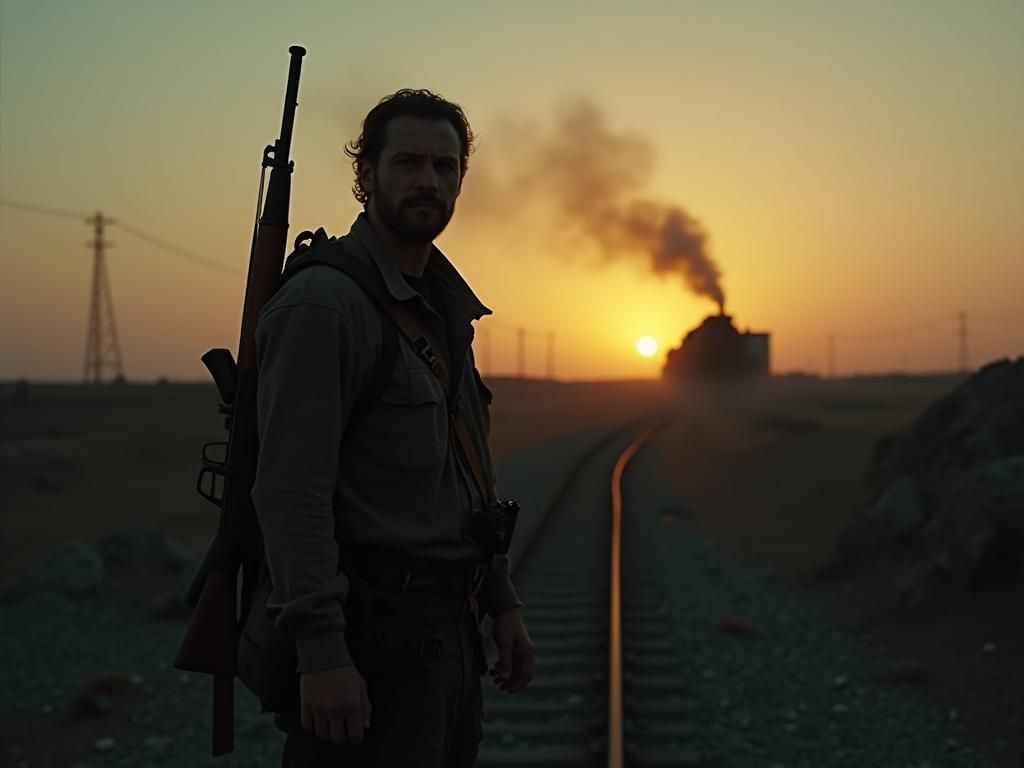 Rebellious Figure at Sunset: Cinematic Film Still