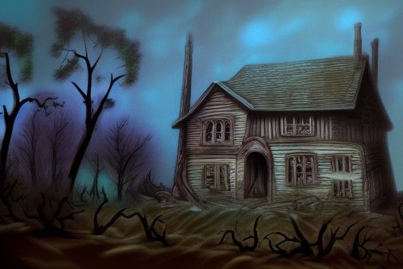 Bewitched Ruined House in Dead Forest: Fantasy Charcoal Art