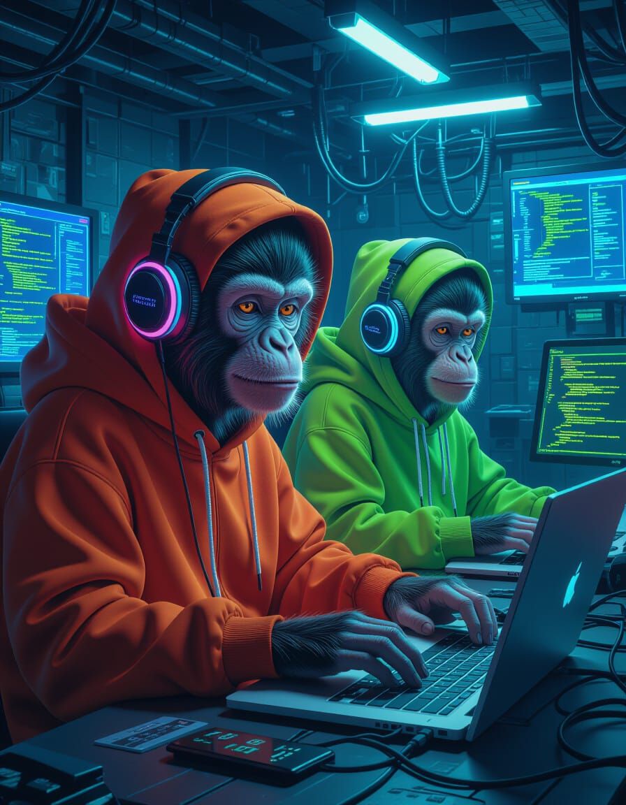 Cyberpunk Monkey Hackers in Underground Lair
