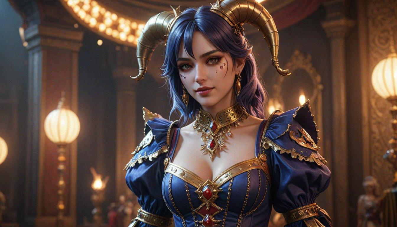 Hyperrealistic 3D Anime Art of a Woman and Jester in a Circu...