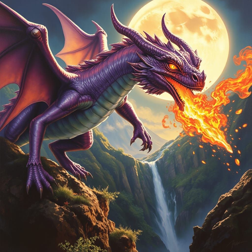 Ethereal Purple Dragon Soars Over Valley of Cascading Waterf...