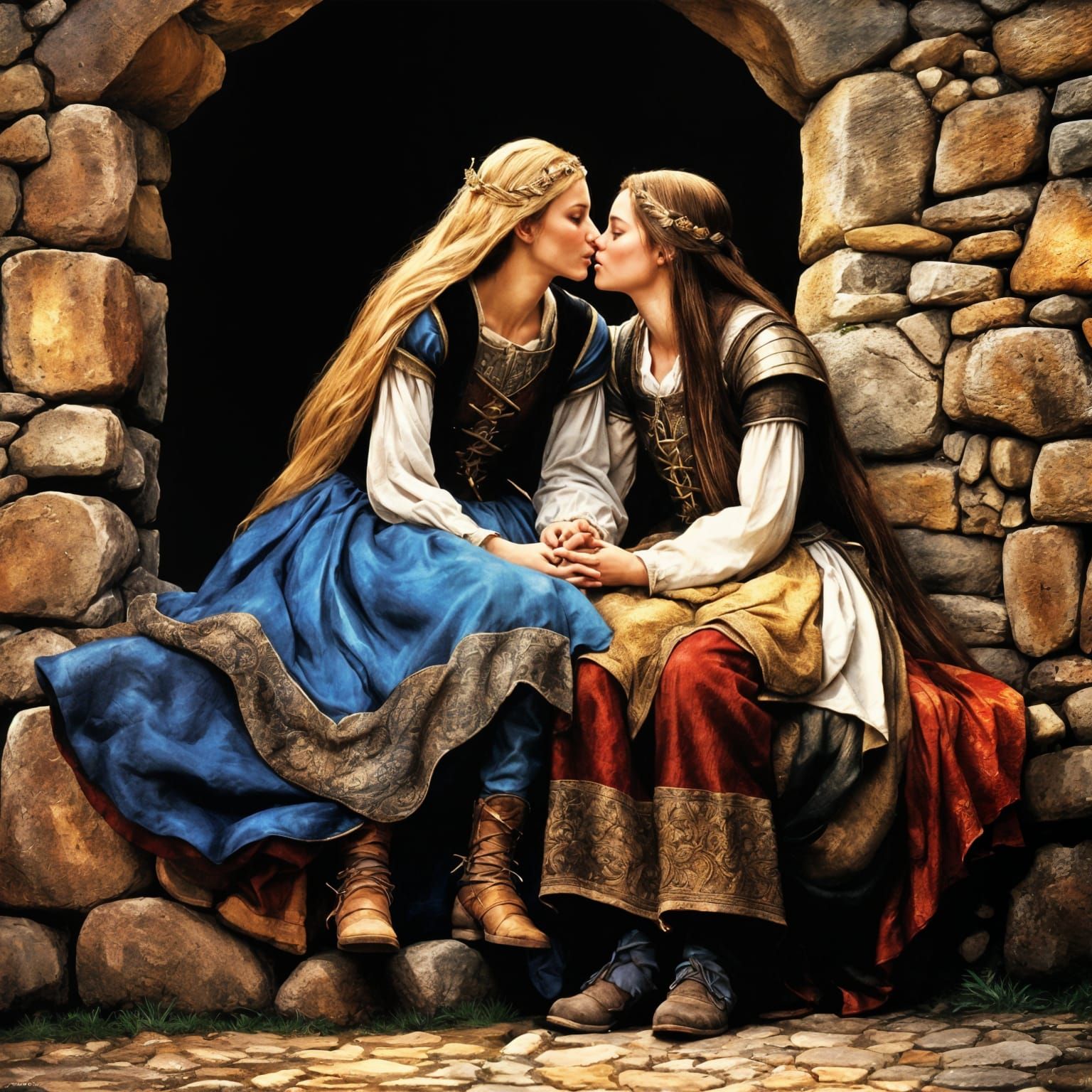 Medieval Women Kissing on Village Wall