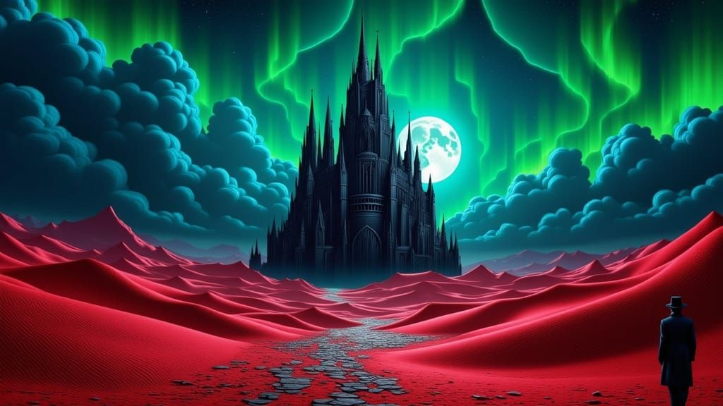 Crimson Desert Gothic Castle Under Electric Blue Sky