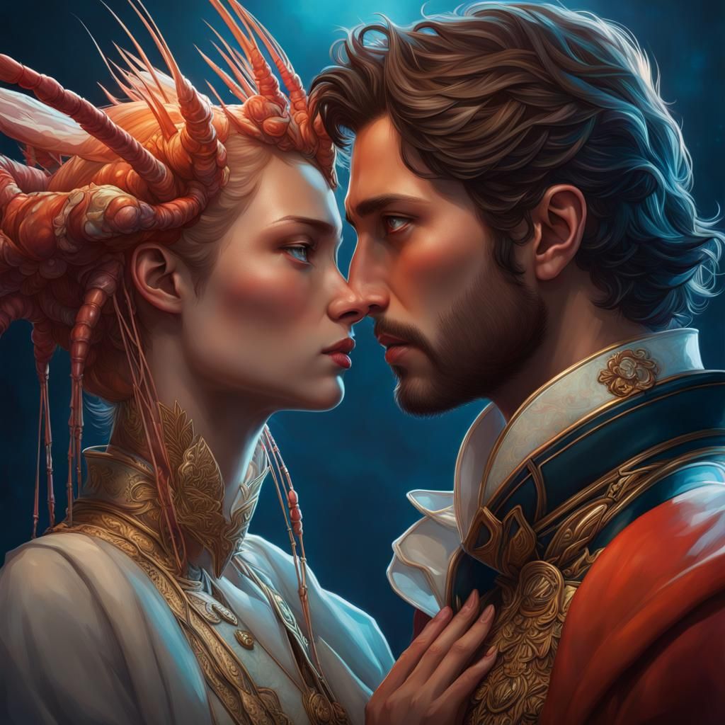 Passionate Couple's Embrace: Detailed Digital Portrait