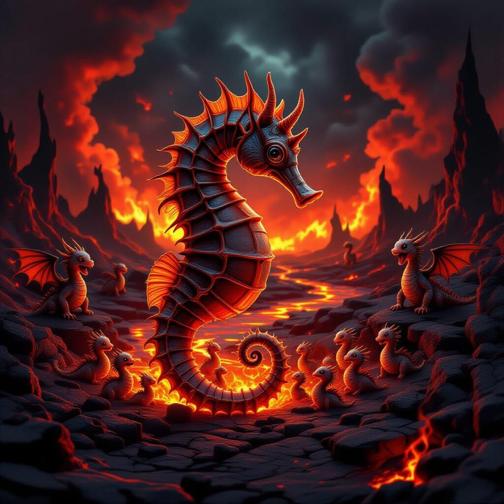 Seahorse Music Note Giving Birth to Baby Dragons in Fiery Un...