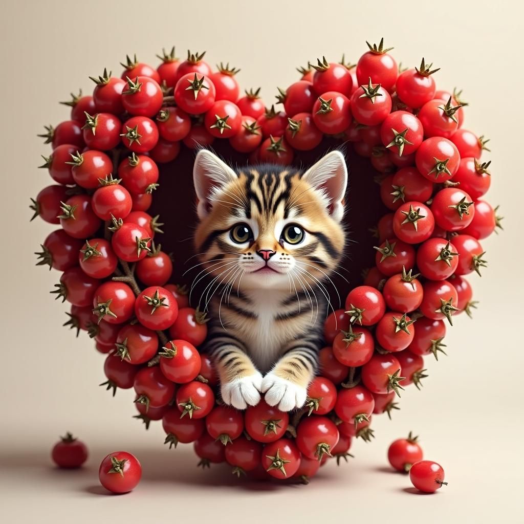 Cute Tabby Kitten in Heart-Shaped Pomegranate
