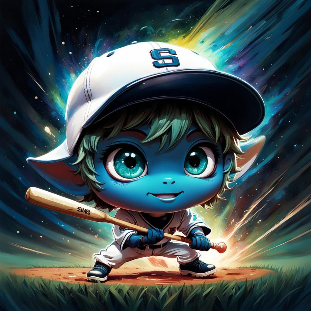 Chibi Alien Baseball Player, Melting Oil Canvas