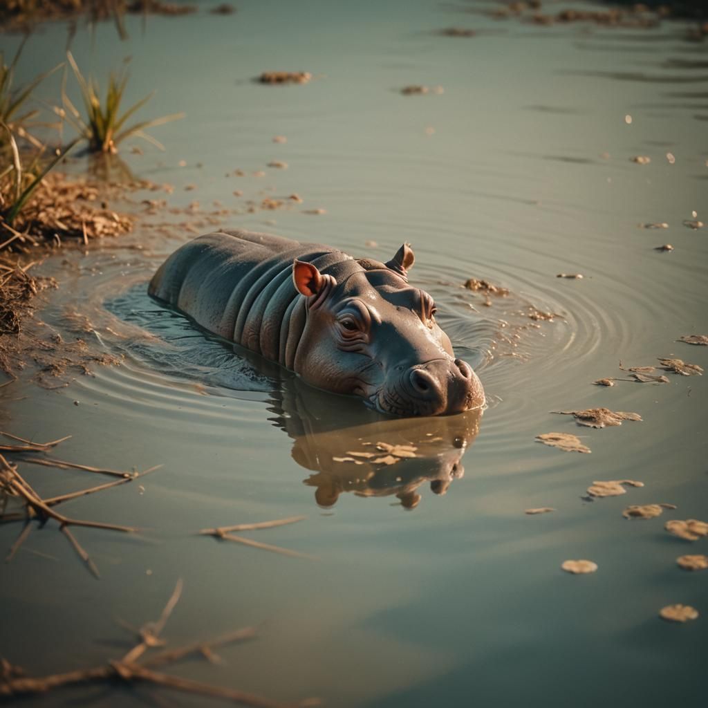 Cute Baby Hippo in Golden Hour Light