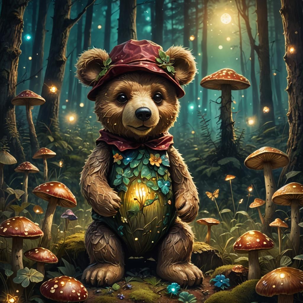 Whimsical Teddy Bear on Mushroom in Twilight Forest