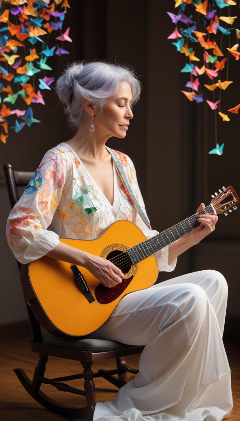 Woman's Guitar Creates Rainbow Origami Birds