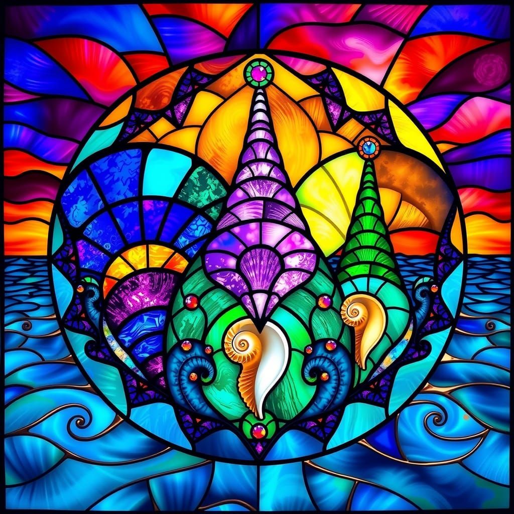 Golden Ratio Stained Glass Artwork with Trinitarian Seashell...