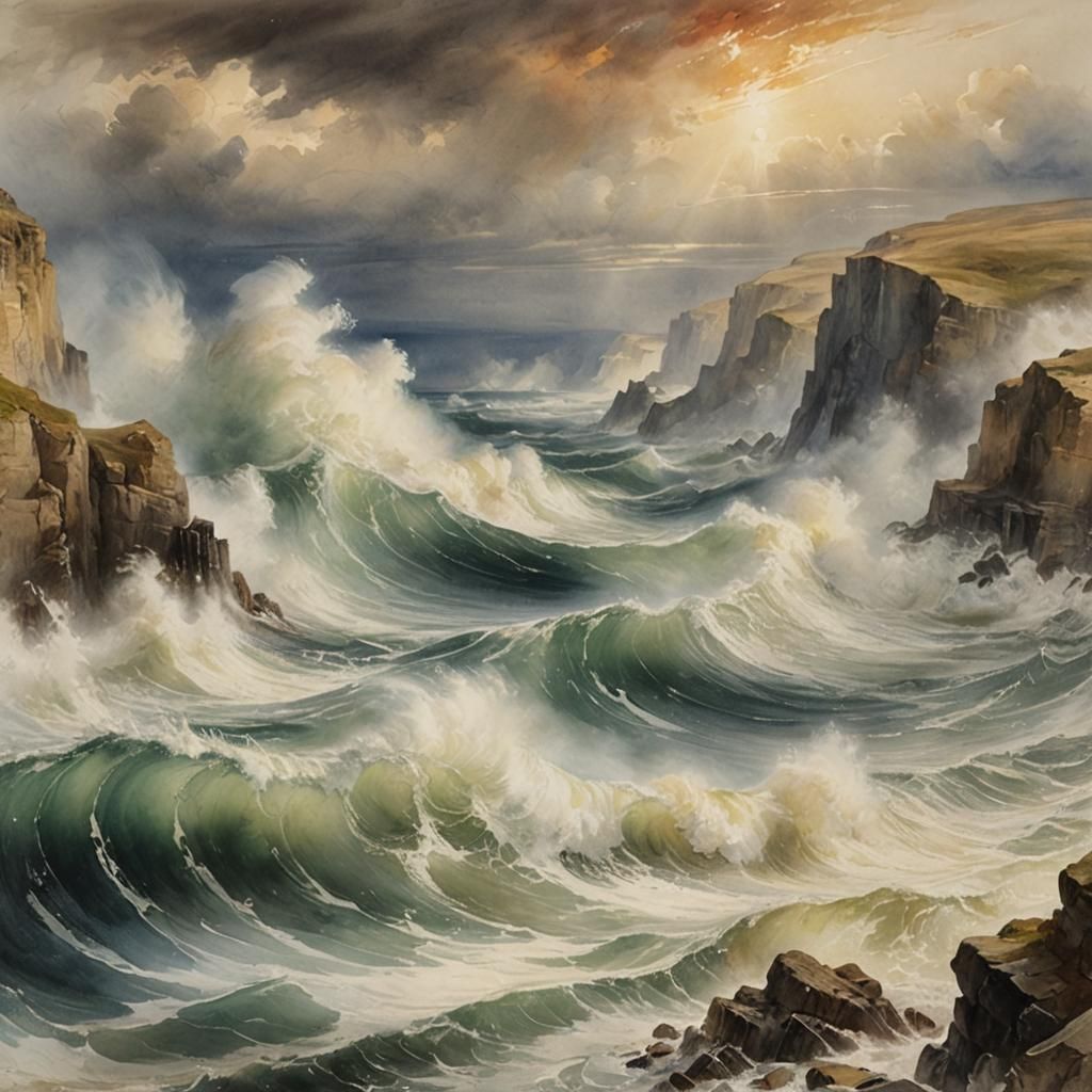 Dramatic Ocean Waves Crashing, Watercolor Painting