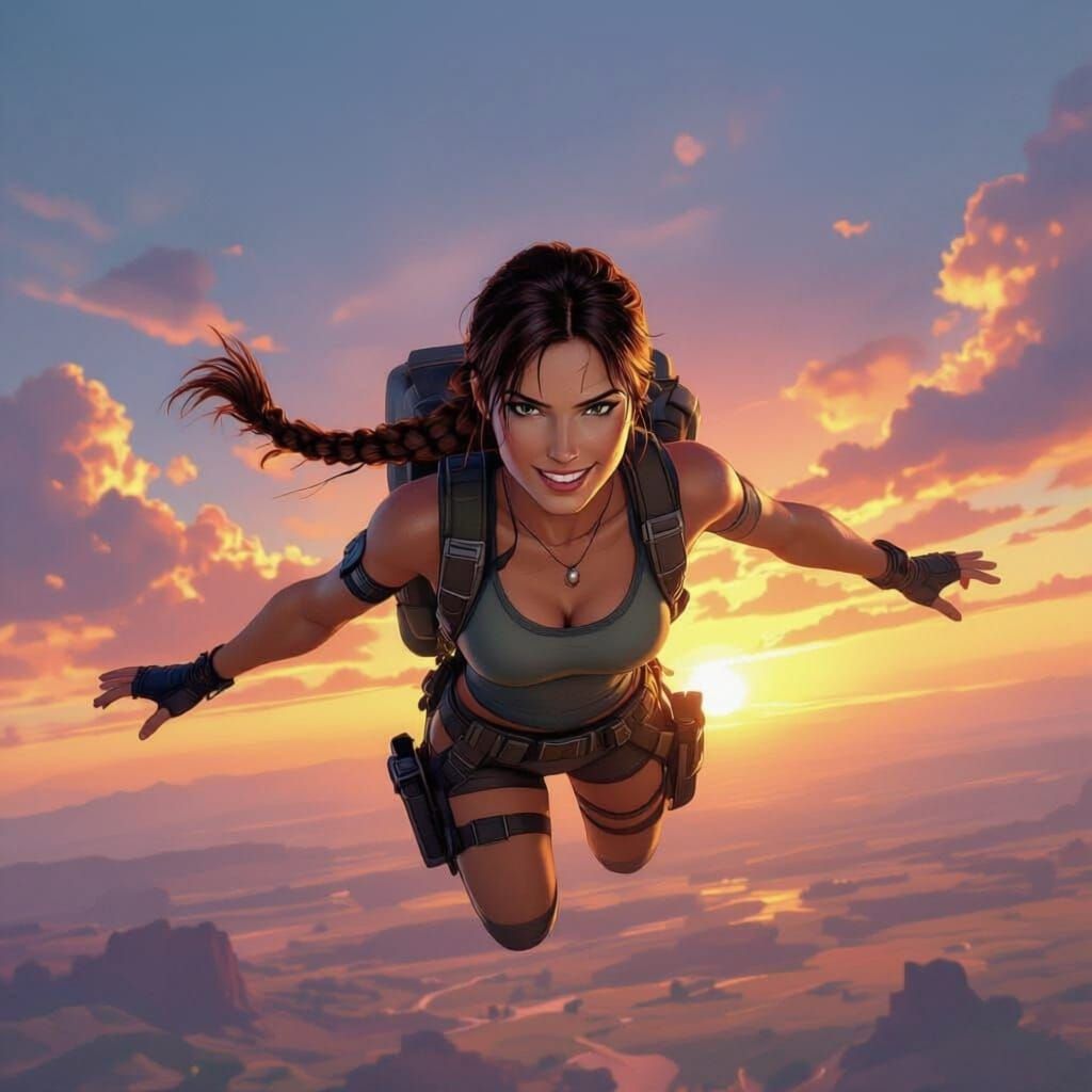 Lara Croft Skydiver Jumps Over Africa At Sunset