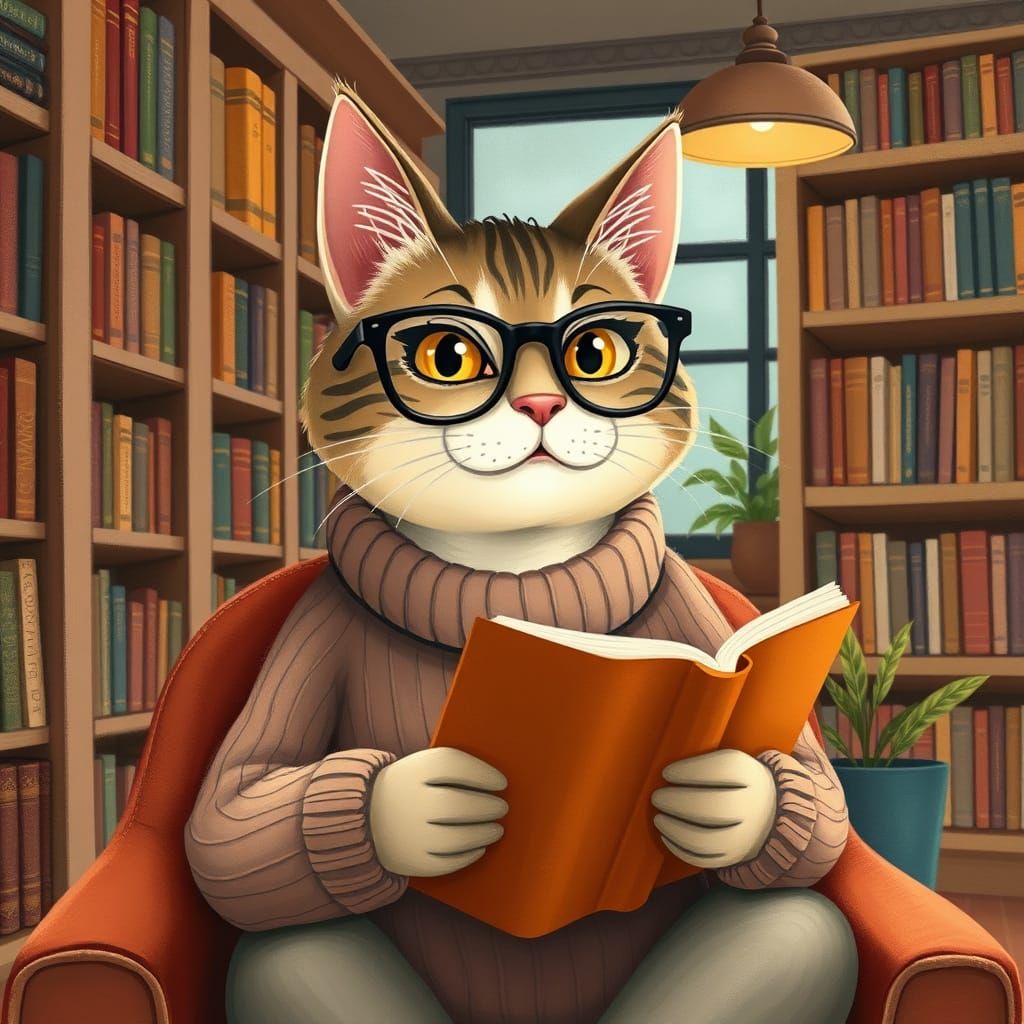 Millennial Cat Reading in Library, Whimsical Art