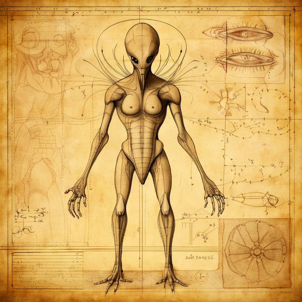 Alien Anatomy Blueprint in Leonardo da Vinci Style