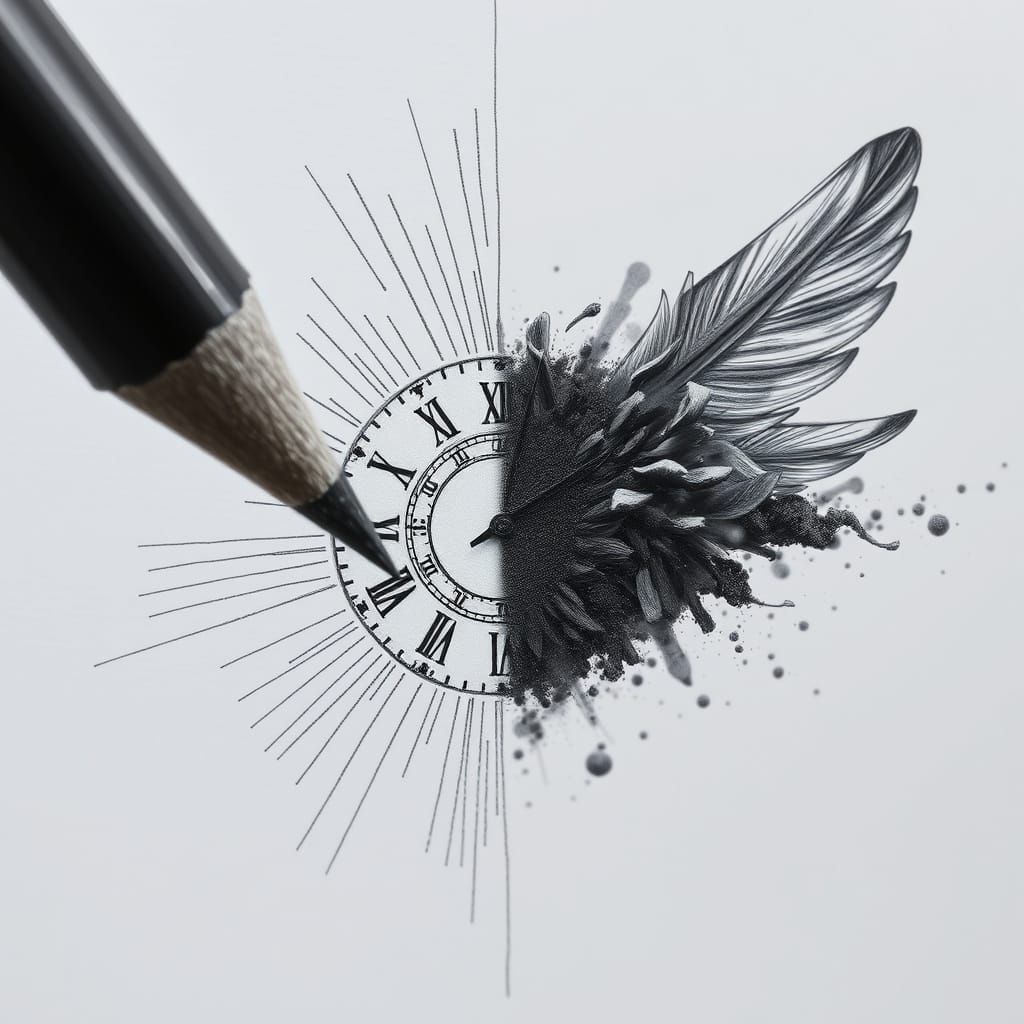 Macro View of Pencil Drawing a Clock in Flight