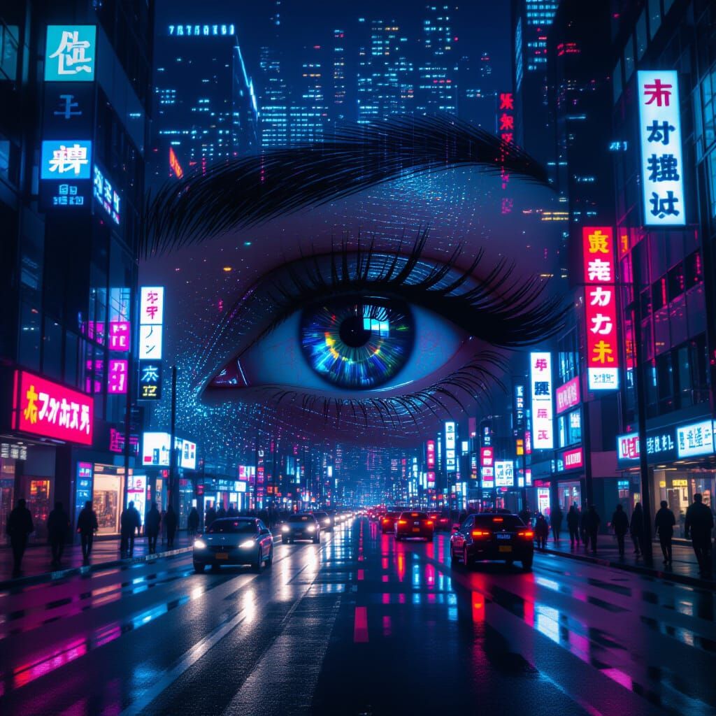 Cyberpunk Eye Over City Street with Holographic Elements