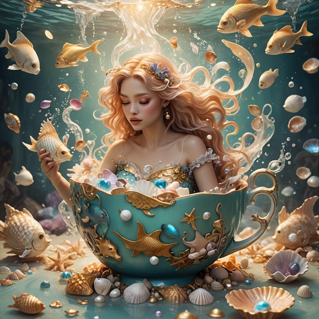 Siren Bathes in Teacup: Whimsical Fantasy Art