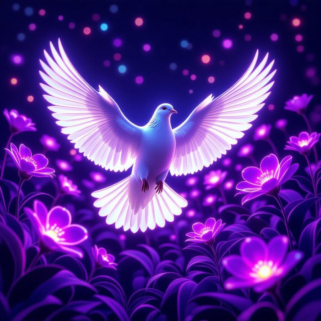 Dove in Neon Flower Field: Digital Art