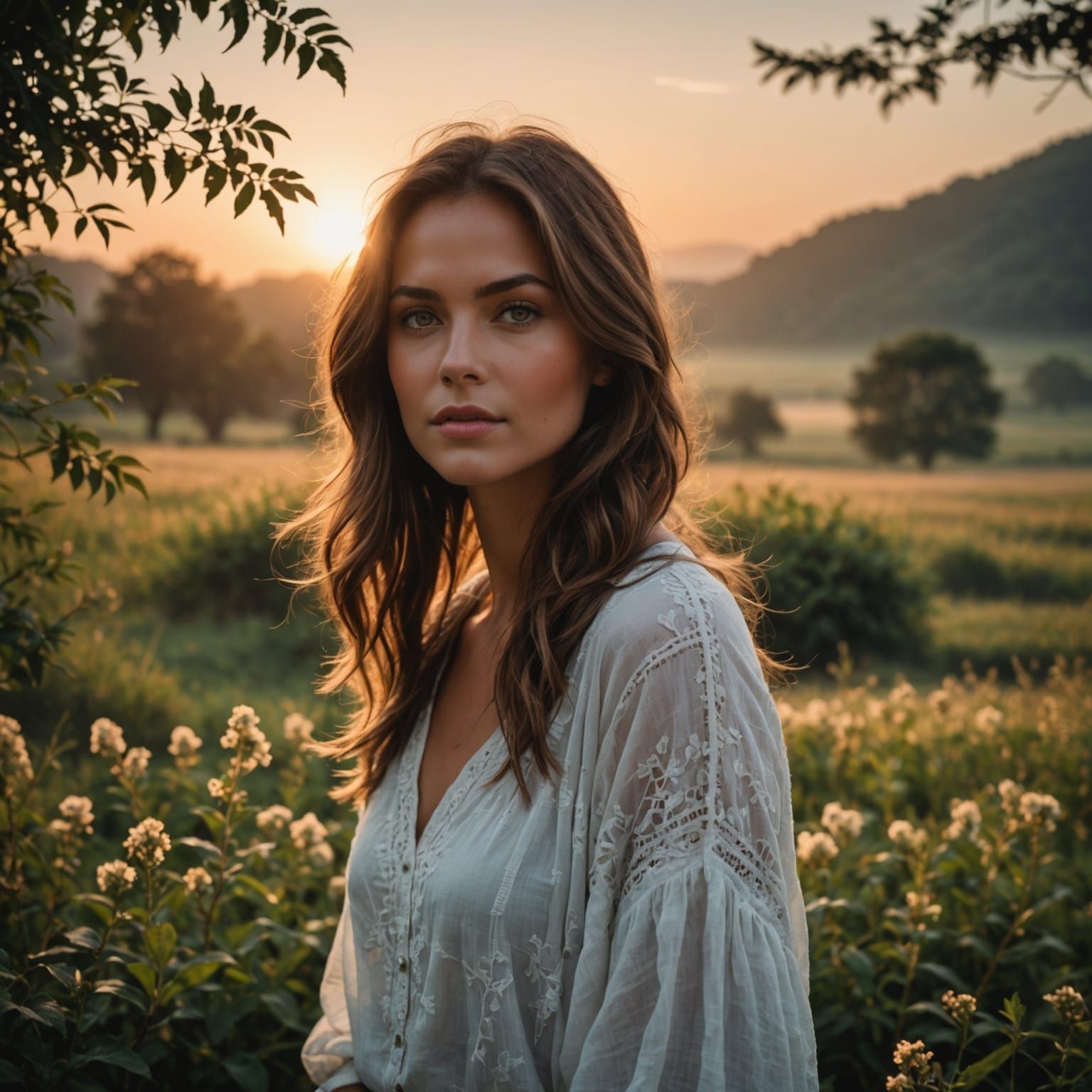 Beautiful Woman at Dawn in Golden Light