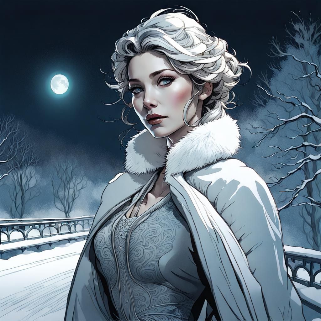 Stunning Lady on Frozen Bridge in Art Nouveau Style