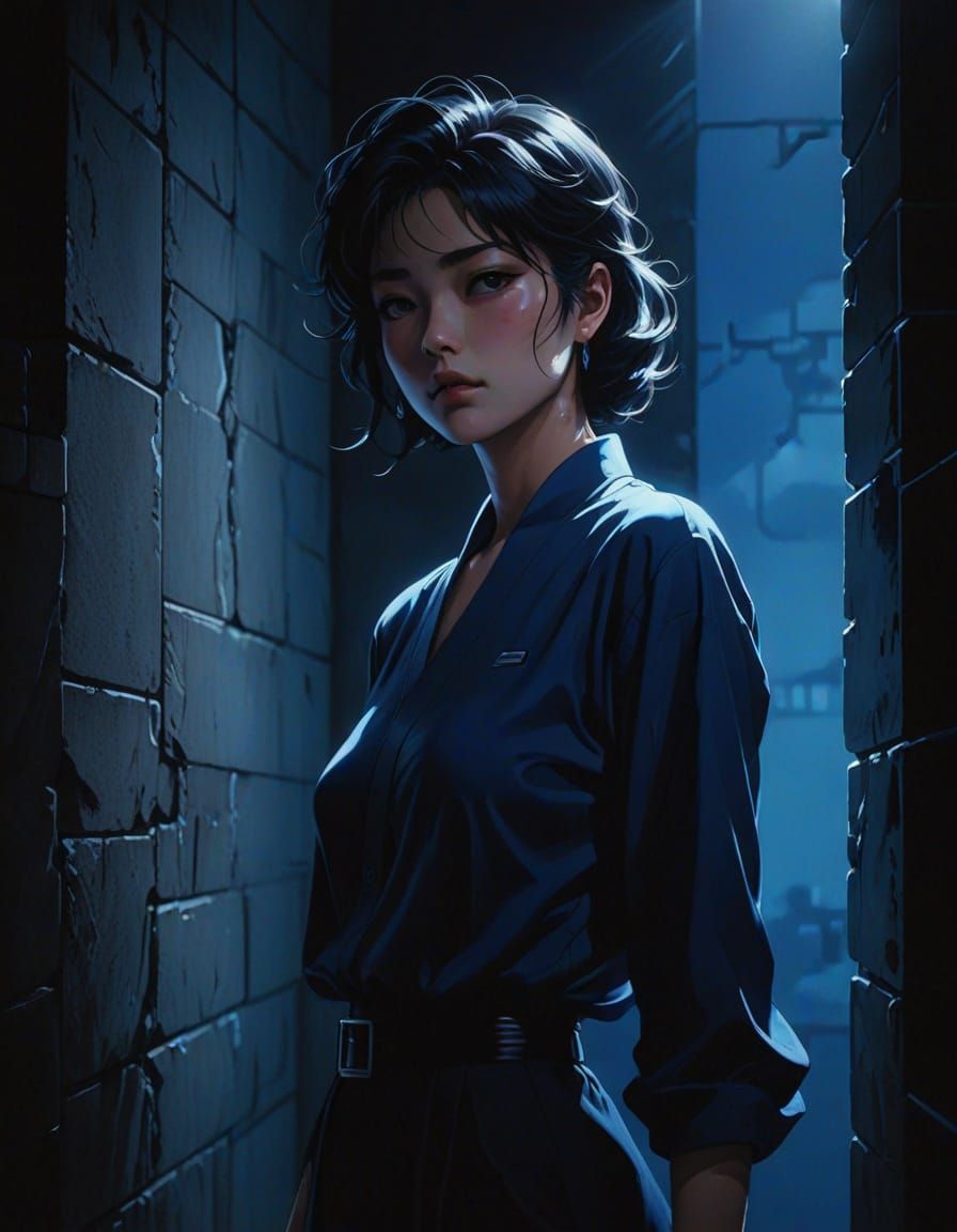 Japanese Retro Anime Goddess Bathed in Deep Blue Light