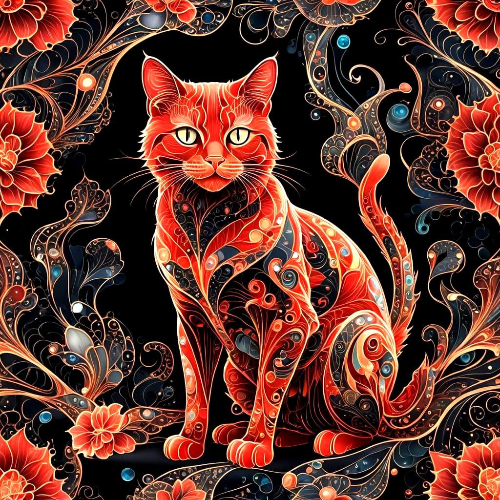 Bioluminescent Cat in Art Nouveau Style