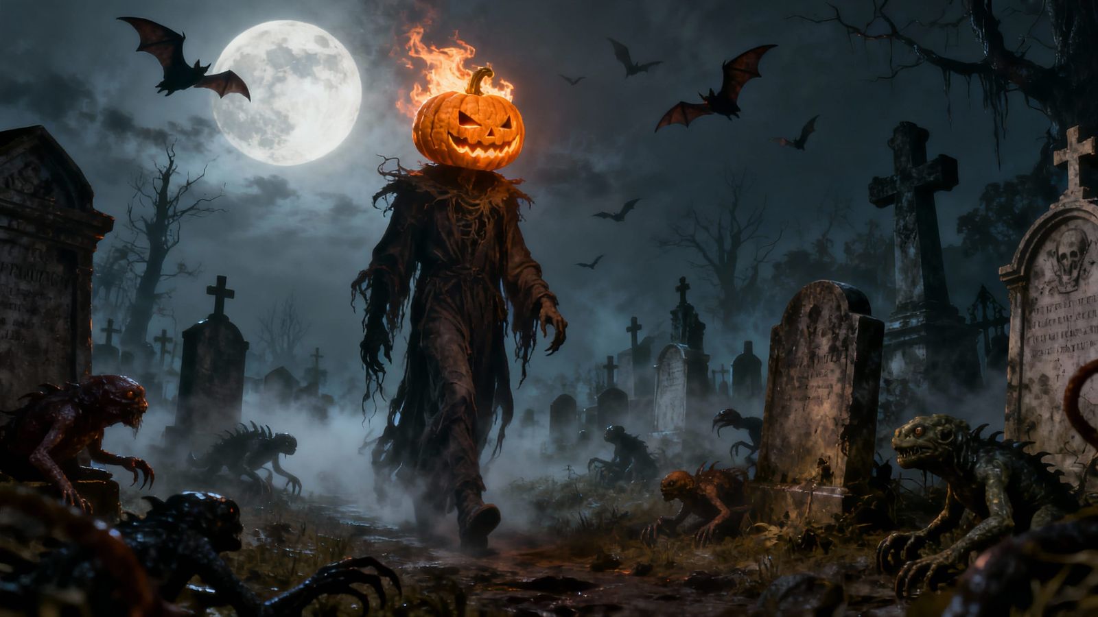 Wicked Jack-o'-Lantern King in Eerie Cemetery