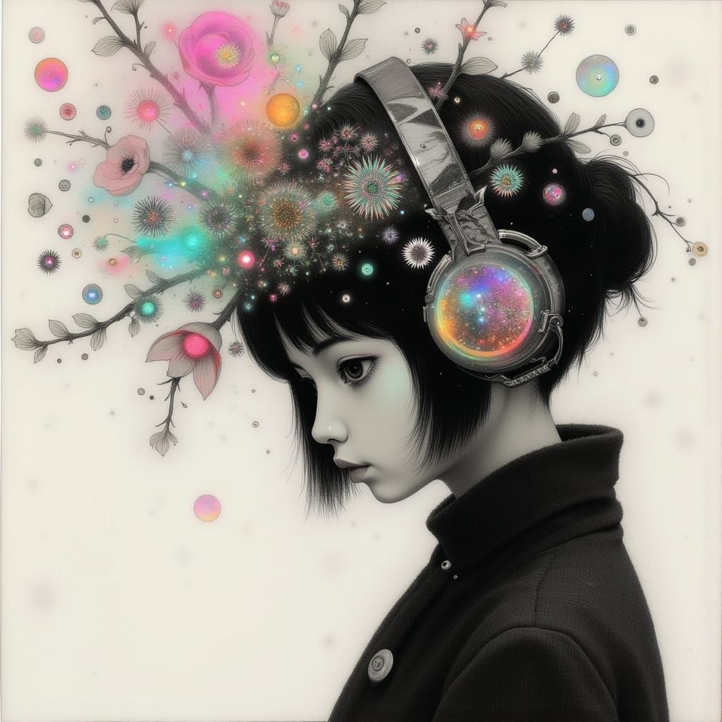 Ethereal Japanese Woman in Pastel Hued Hair and Futuristic H...