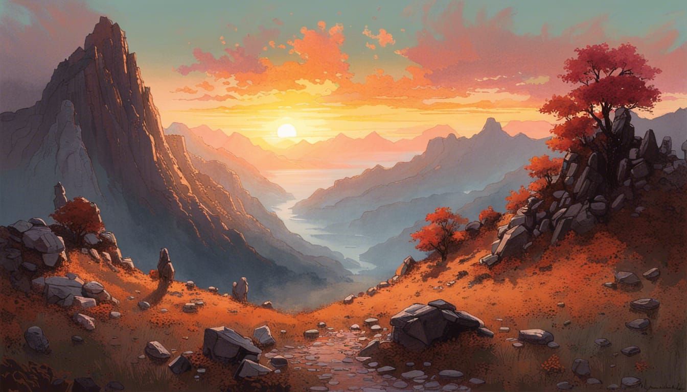 Mountains Sunrise in Gouache Concept Art Style