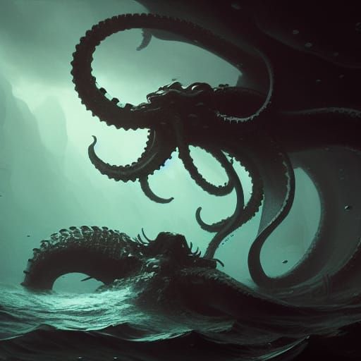 Kraken Drowning Ship in Abyss: Dark Fantasy Art