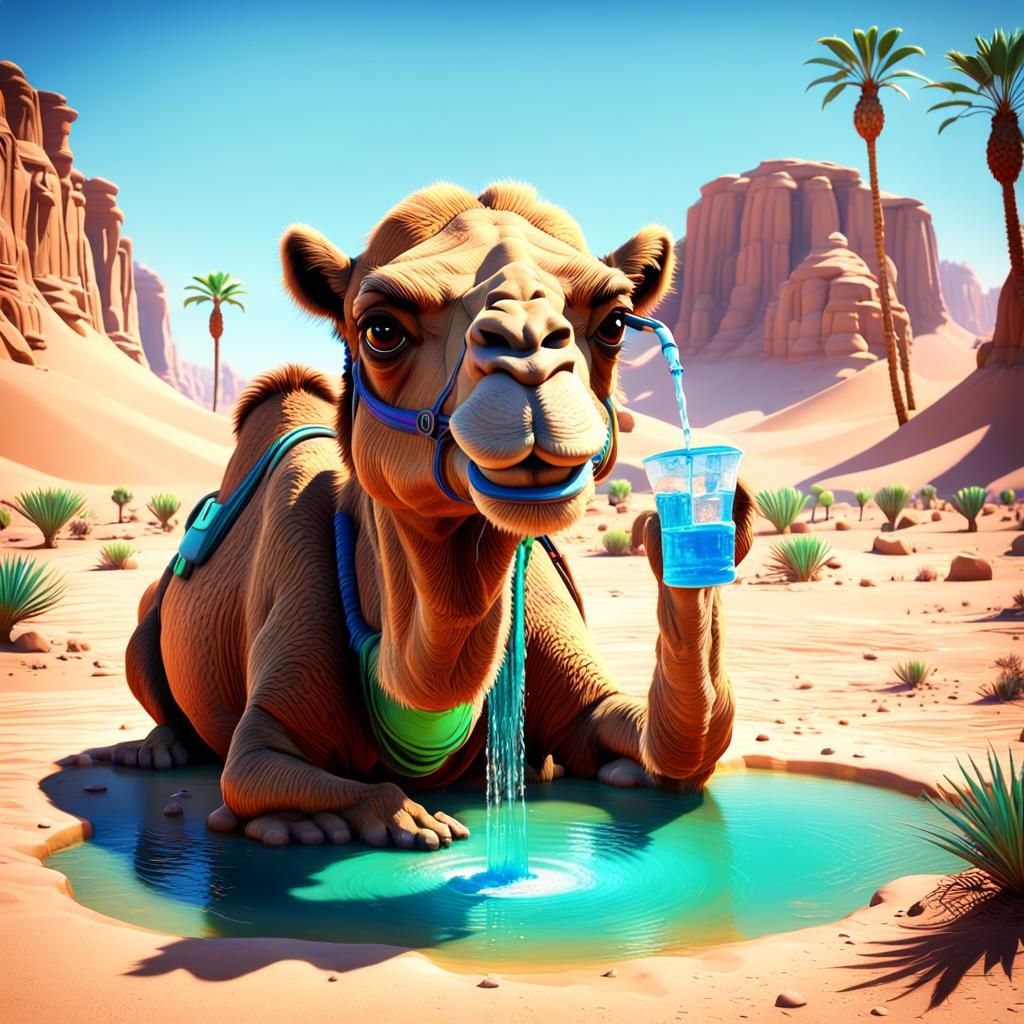 Camel in Desert Oasis: 3D Digital Art