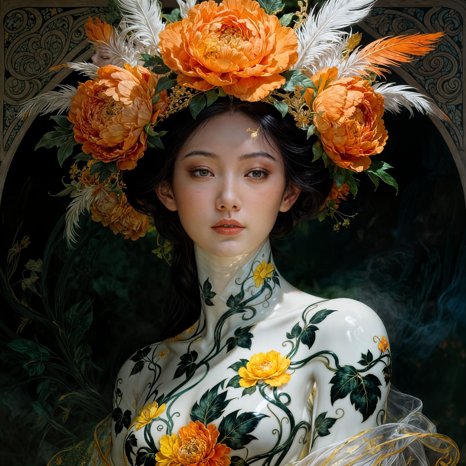 Porcelain Asian Woman Adorned with Floral Crown and Leaf Pri...