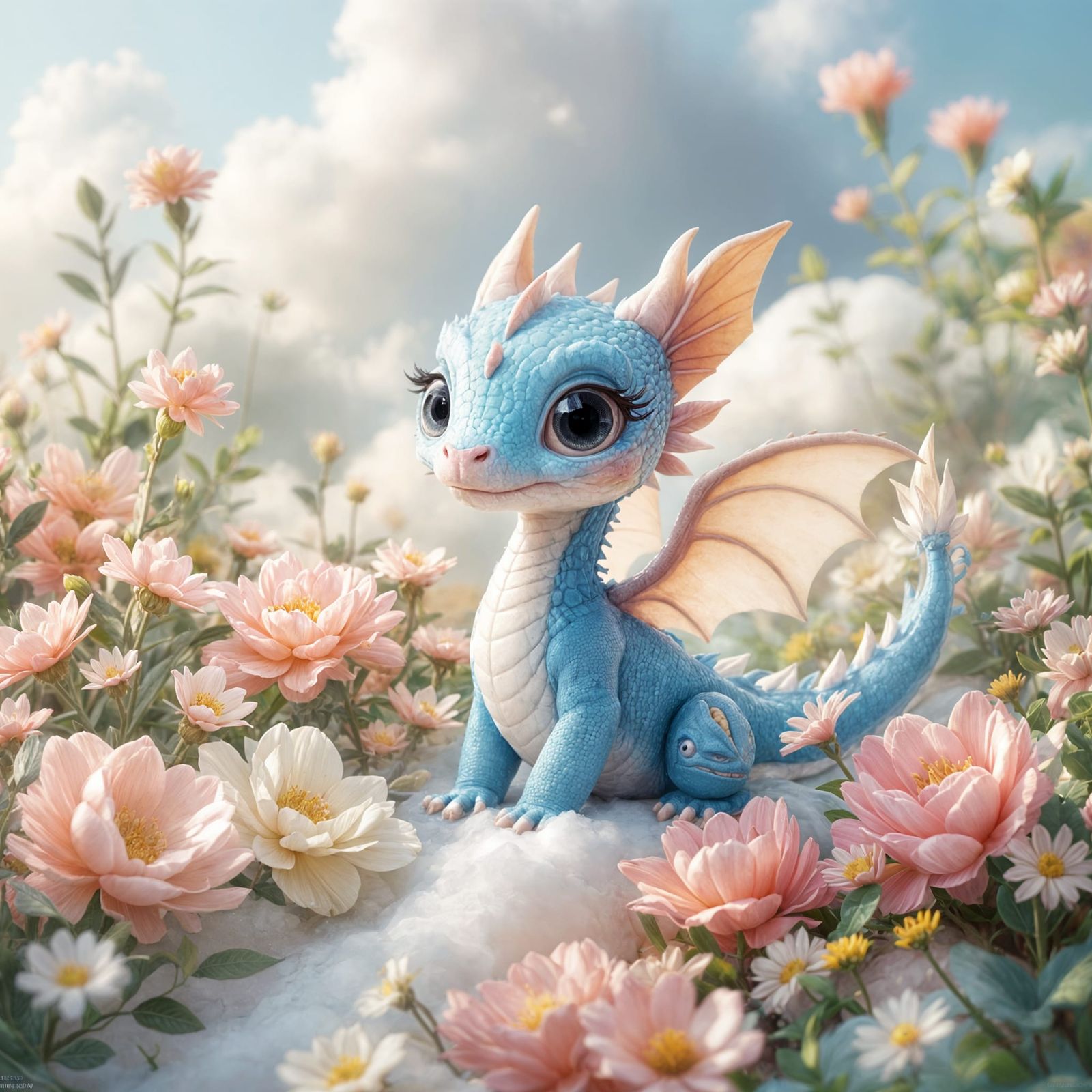 Vibrant Baby Dragon in Whimsical Cloudscape