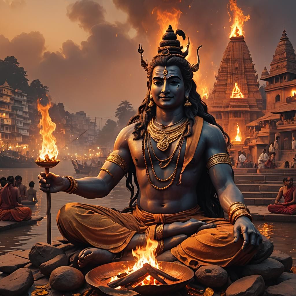 Shiva and Vedic Fire on Ganges River