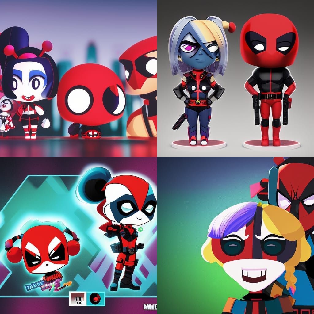 Chibi Deadpool and Harley Quinn in Underground Comix Style