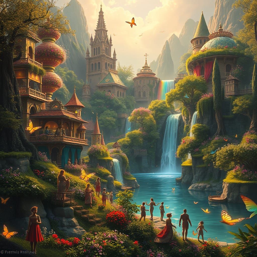 Harmonious Utopia with Magical Creatures in Lush Landscape